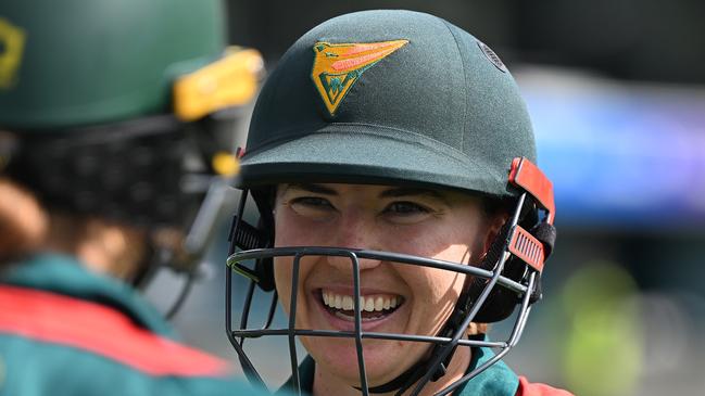 HOBART, AUSTRALIA - FEBRUARY 01: Rachel Trenaman of the Tigers is prior to making a return from long injury layoff during the WNCL match between Tasmania Tigers and ACT Meteors at Blundstone Arena, on February 01, 2025, in Hobart, Australia. (Photo by Steve Bell/Getty Images)