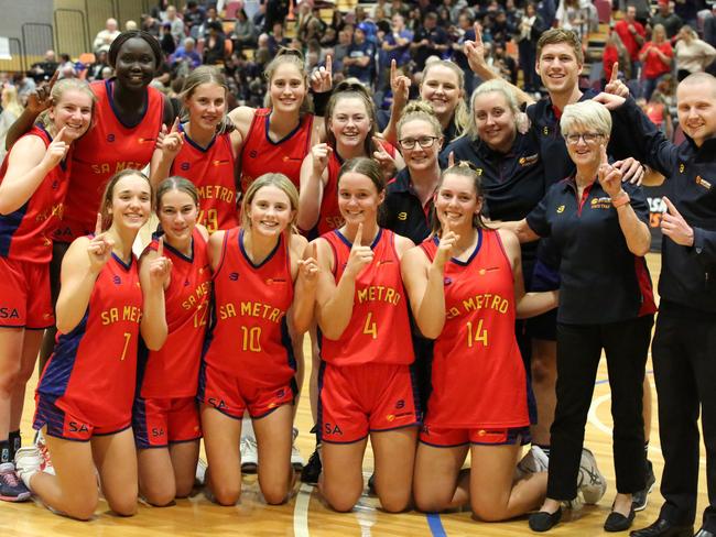 SA girls under-18 team celebrates after winning the national championships for the first time since 1990. Picture: Supplied, Sports In Focus