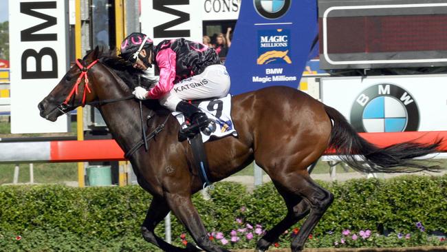 Military Rose on her way to winning the 2010 Magic Millions 2YO Classic with jockey Jockey Stathi Katsidis.