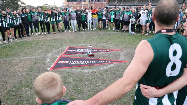 EDFL: Airport West celebrates its seniors and reserves premierships. Picture: George Salpigtidis