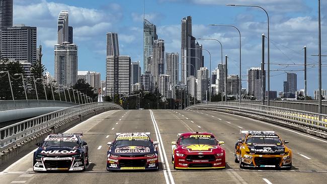 For the 2023 Boost Mobile Gold Coast 500, the Repco Supercars Championship took over Gold Coast’s Sundale Bridge with four Gen3 Supercars. Picture: Mark Horsbrough