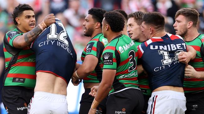 Latrell Mitchell scuffles with Nat Butcher during the NRL elimination final 2022. Picture: Mark Kolbe/Getty Images