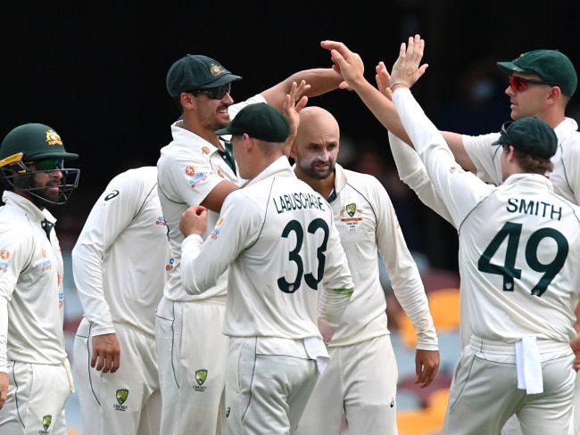 Nathan Lyon edged closer to his milestone of 400 Test wickets when he dismissed Rohit Sharma. Picture: Getty