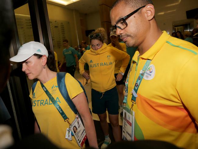 Australian athletes leave the police station in Rio after the ticket falsification incident. Picture: Cameron Tandy.