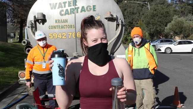 Ferntree Gully woman Sharni Wright was forced to fill up her water bottles from a tanker. Picture: David Crosling