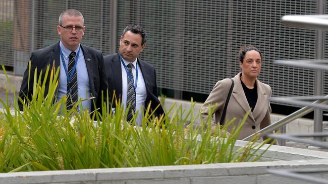 Police and detectives arrive at La Trobe Valley Magistrates’ Court for Erin Patterson’s filing hearing. Picture: Josie Hayden