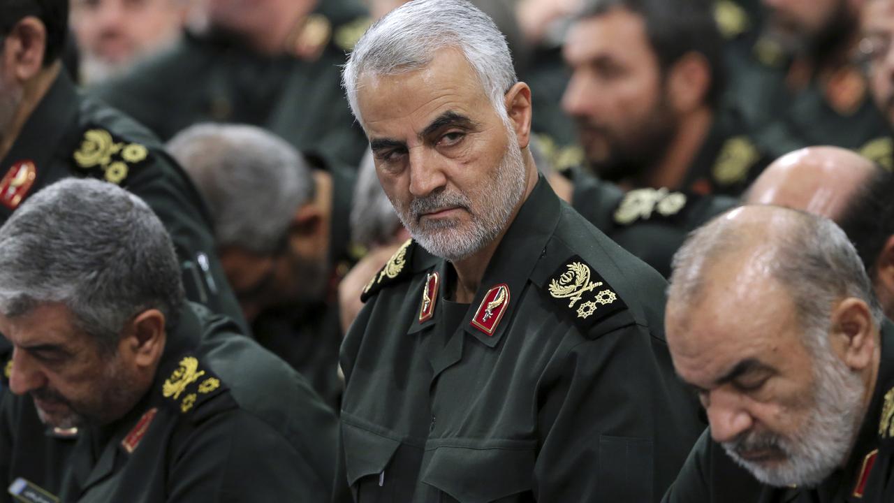 The Revolutionary Guard’s Gen. Qassem Soleimani, centre, who was killed in the air strike. . Picture: Office of the Iranian Supreme Leader via AP.