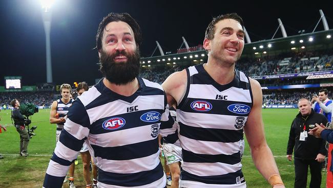 Retired Geelong greats Jimmy Bartel and Corey Enright. Picture: Getty Images