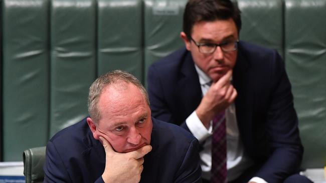 CANBERRA, AUSTRALIA - JUNE 22: Deputy Prime Minister Barnaby Joyce and Minister for Agriculture David Littleproud react during Question Time in the House of Representatives at Parliament House on June 22, 2021 in Canberra, Australia. Barnaby Joyce has been sworn in as Deputy Prime Minister by Governor-General Hurley today after Joyce deposed former Nationals leader Michael McCormack during a spill called yesterday by Senator Matt Canavan. Joyce is re-elected as leader of The Nationals in a leadership contest with at least 12 votes in the 21-member partyroom.  (Photo by Sam Mooy/Getty Images)