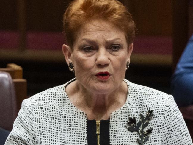 CANBERRA, AUSTRALIA, NewsWire Photos. JUNE 19, 2023: Senator Pauline Hanson during the Constitution Alteration (Aboriginal and Torres Strait Islander Voice) 2023 is voted on in the Senate at Parliament House in Canberra. Picture: NCA NewsWire / Martin Ollman