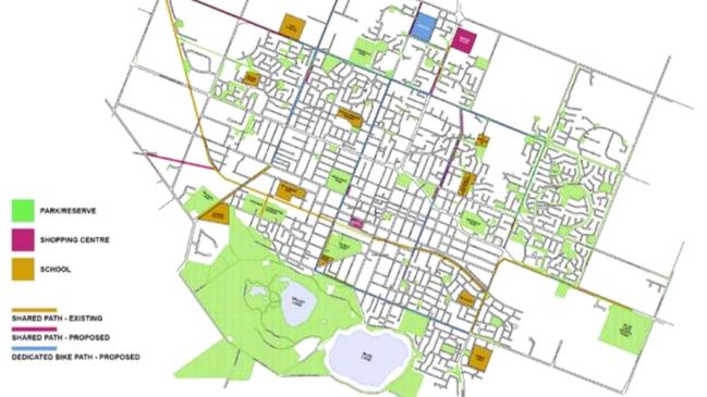 A map of existing and proposed walking and bike paths presented in the Mount Gambier Council meeting agenda. Picture: Mount Gambier Council