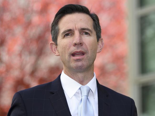 Australian Trade Minister Simon Birmingham speaks during a press conference at Parliament House in Canberra, Tuesday, May 12, 2020. (AAP Image/Lukas Coch) NO ARCHIVING
