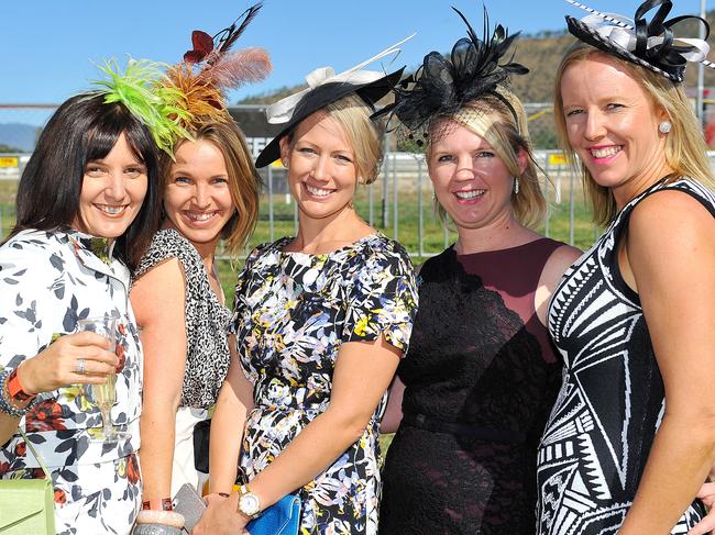 Ladies Day at Cluden Park. Dianna Mason, Lara O'Kane, Amanda Madson, Heather Jones and Amy Ryals. Picture: Shae Beplate