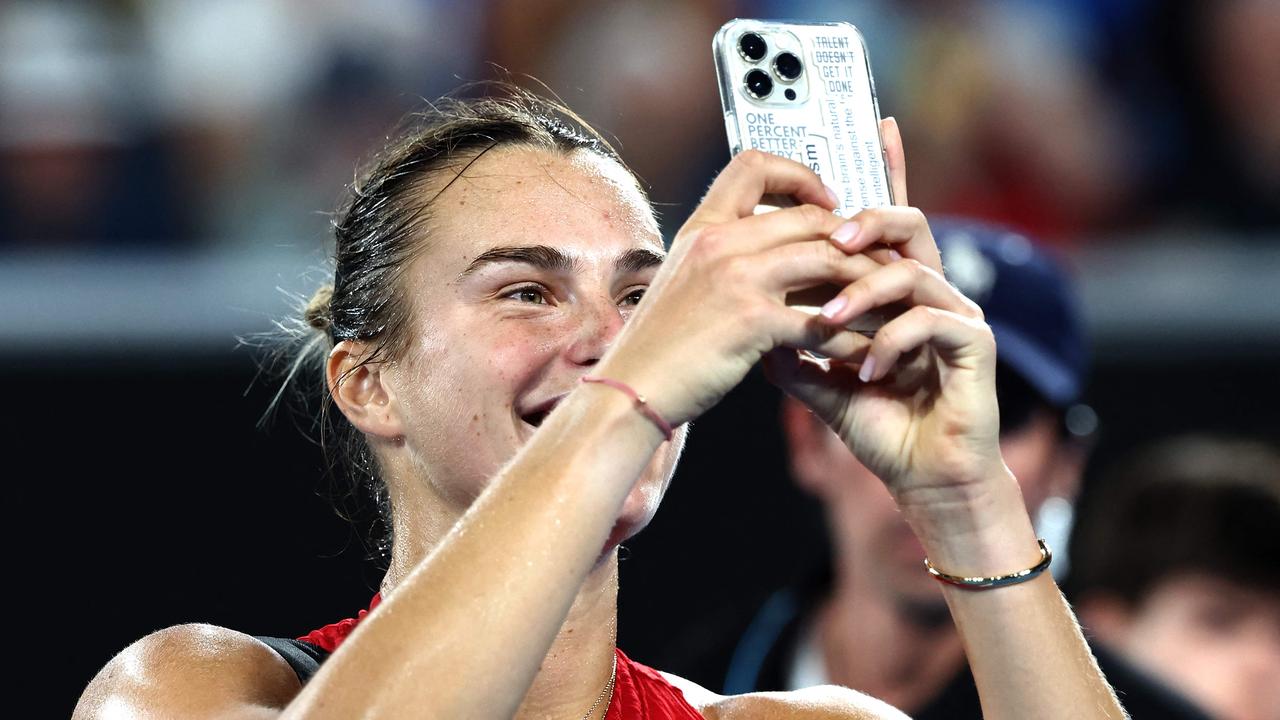 Belarus' Aryna Sabalenka shares a laugh with fans after her victory. Picture: Getty