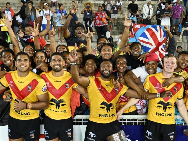 Papua New Guinea players celebrate their Pacific Championships win over Fiji. Picture: NRL Images