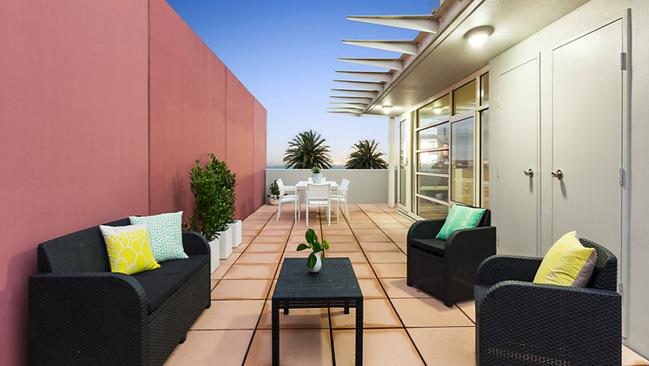 The roof terrace at 111 Beach St, Port Melbourne, is a great spot for entertaining.