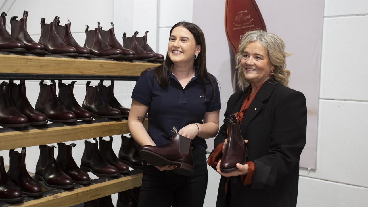 R.M. Williams co-owner Nicola Forrest meets staff member Chloe Fabian at the Adelaide manufacturing site. Picture: Brett Hartwig