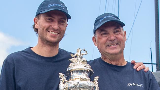 Will and Sam Haynes at the presentation of the Tattersalls cup on board Celestial.Picture: Linda Higginson