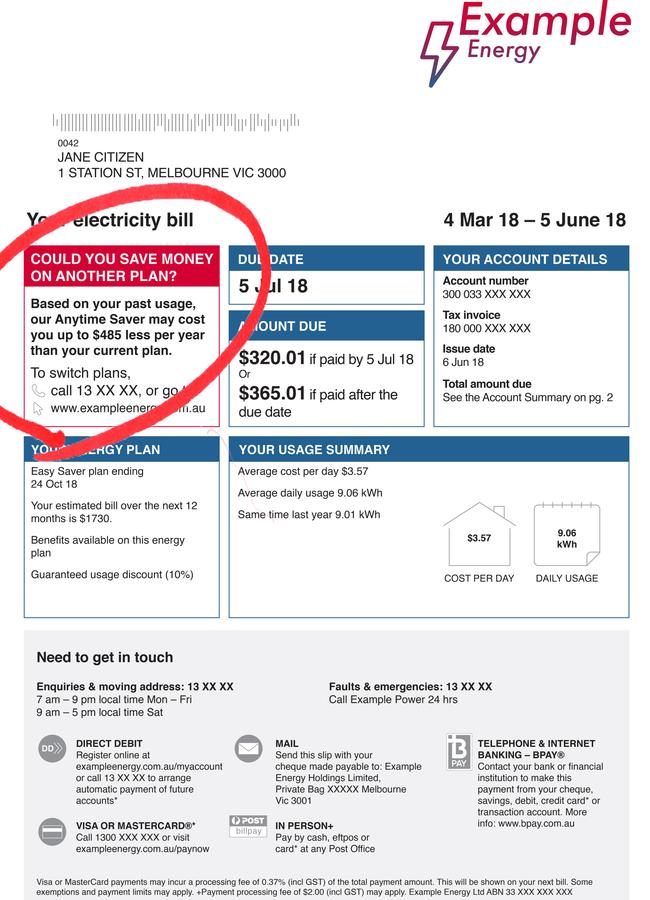 A sample power bill with the savings confession circled at the top left. Picture: Supplied