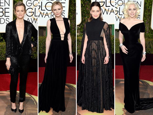 Back to black ... Taylor Schilling, Kirsten Dunst, Emelia Clarke and Lady Gaga. Picture: Getty