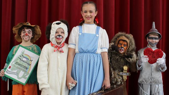 Ready to follow the yellow brick road for St Joseph's Primary School's musical are (from left) Tyler Mackay, Bella Dickie, Grace Hack, Miguel Gambley and Nicholas Beckitt. Picture: Michelle Smith