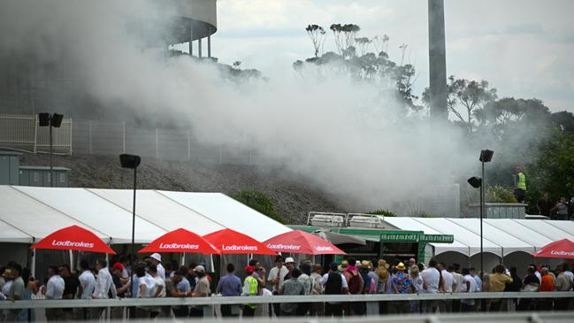 A grass fire is seen on the course before race 3 during Melbourne Racing at Cranbourne Racecourse on November 23, 2024 in Melbourne, Australia. (Photo by Vince Caligiuri/Getty Images)