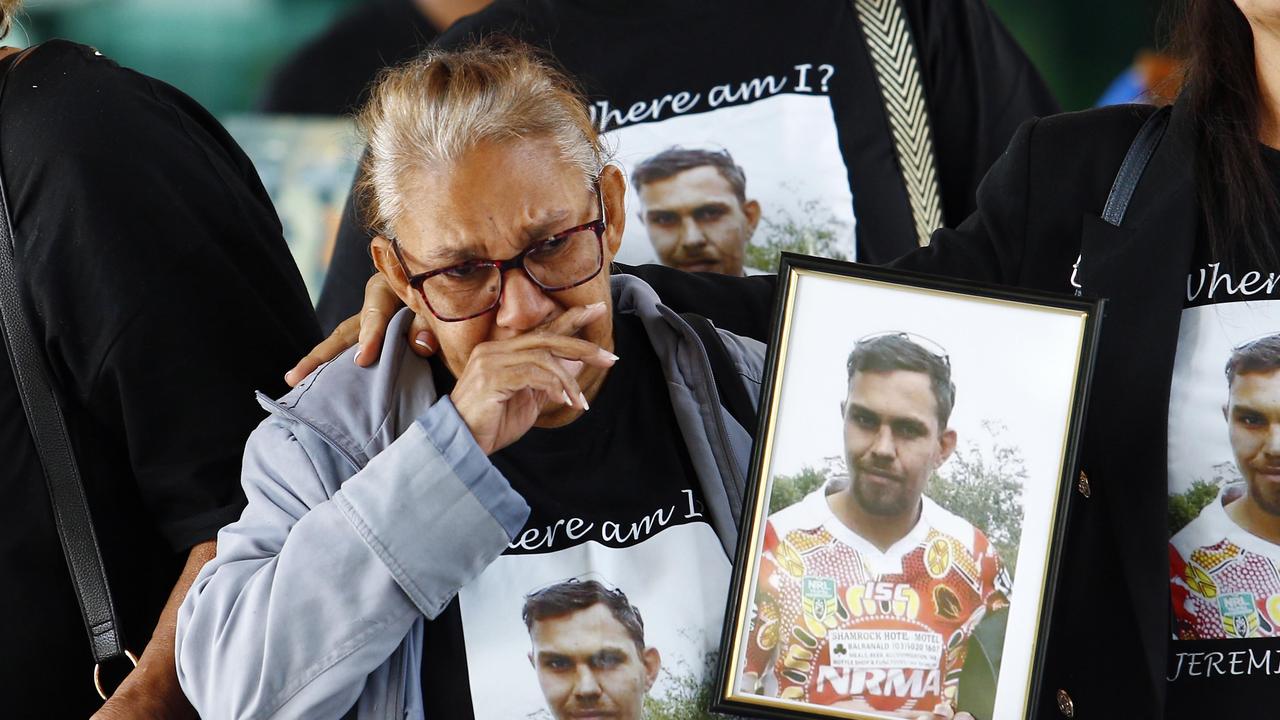 The family of missing man Jeremiah Rivers gather outside the Brisbane Magistrates Court after attending the inquest into his disappearance. Picture: Tertius Pickard