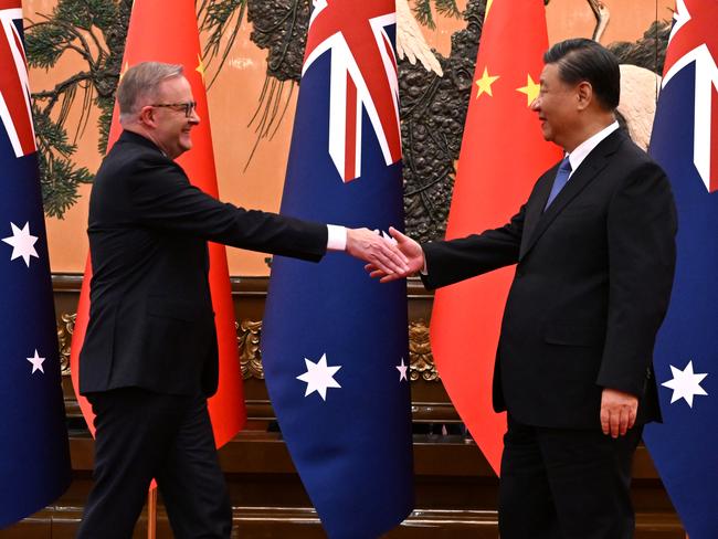 Australia’s Prime Minister Anthony Albanese meets with China’s President Xi Jinping at the Great Hall of the People in Beijing, China, Monday, November 6, 2023. Anthony Albanese will hold talks in China with President Xi Jinping in the first visit to the Asian nation by a sitting prime minister since 2016. (AAP Image/Lukas Coch) NO ARCHIVING