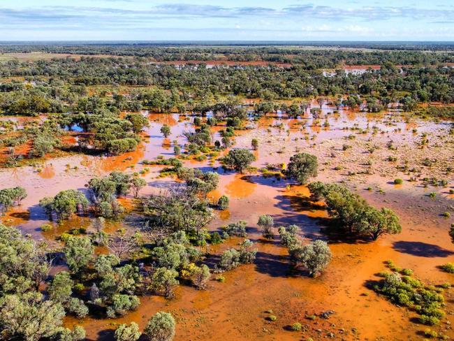 An aerial view of flooding at Orinya Station near Quilpie, Queensland. Pic Bob Sharplin.