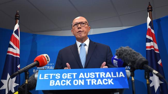Leader of the Opposition Peter Dutton speaks to the media during a press conference on Day 1 of the 2025 federal election campaign, in Brisbane, Friday, March 28, 2025. Picture: AAP /Jono Searle.