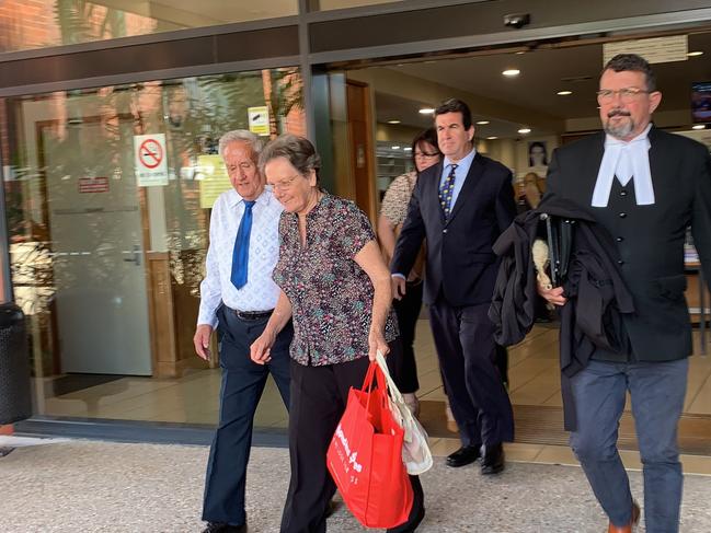 Kevin Leslie Baker (left) leaves Gladstone District Court with wife Geraldine, solicitor Brian McGowran and barrister Simon Lewis after Mr Baker was found not guilty by a jury of 17 counts in relation to historical child sex abuse allegations involving one complainant alleged to have taken place at St Joseph's Orphanage at Neerkol, Kabra, 25kms from Rockhampton, along with alleged incidents at St