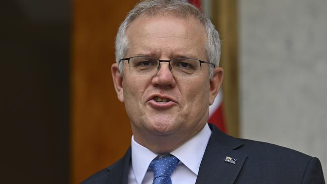 Prime Minister Scott Morrison announces his roadmap out of lockdowns. Picture: NCA NewsWire / Martin Ollman