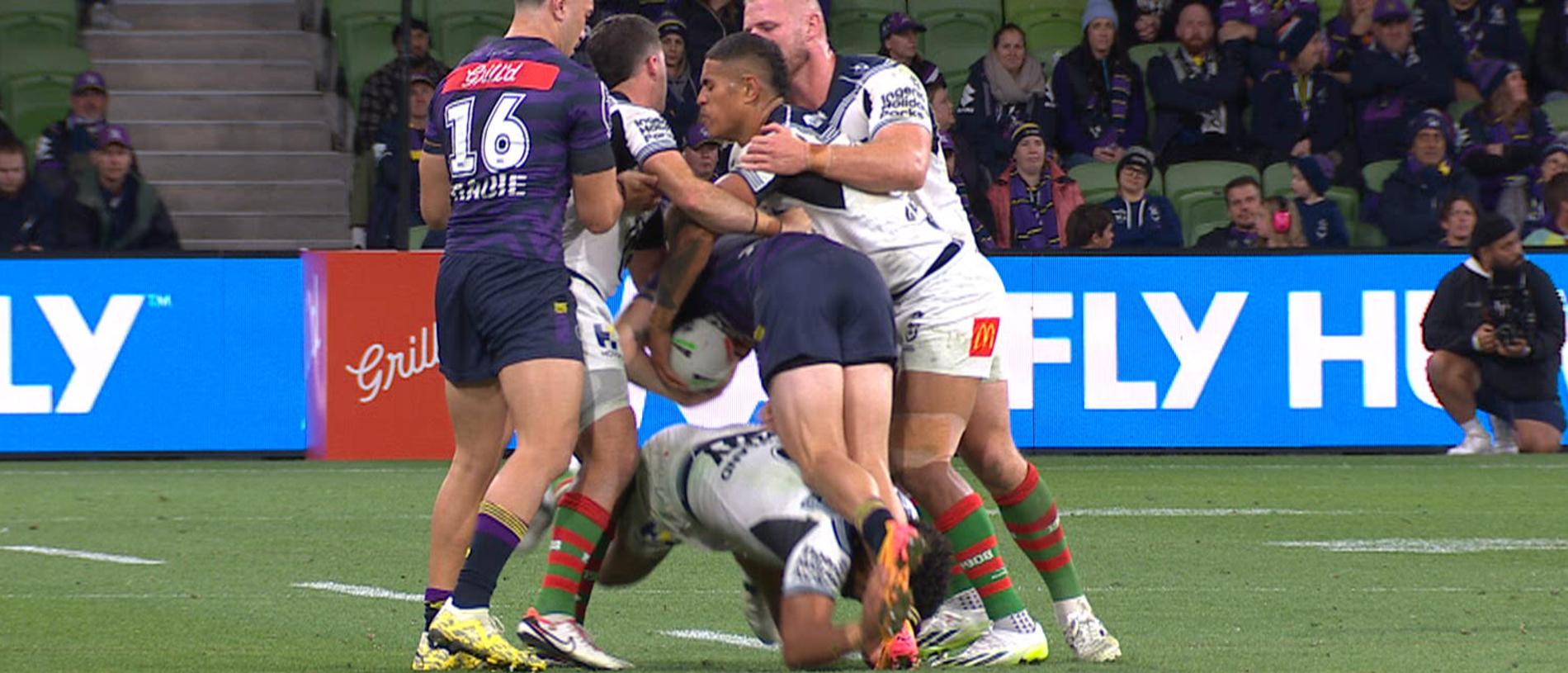 Taane Milne was sin-binned for an act on Cameron Munster.