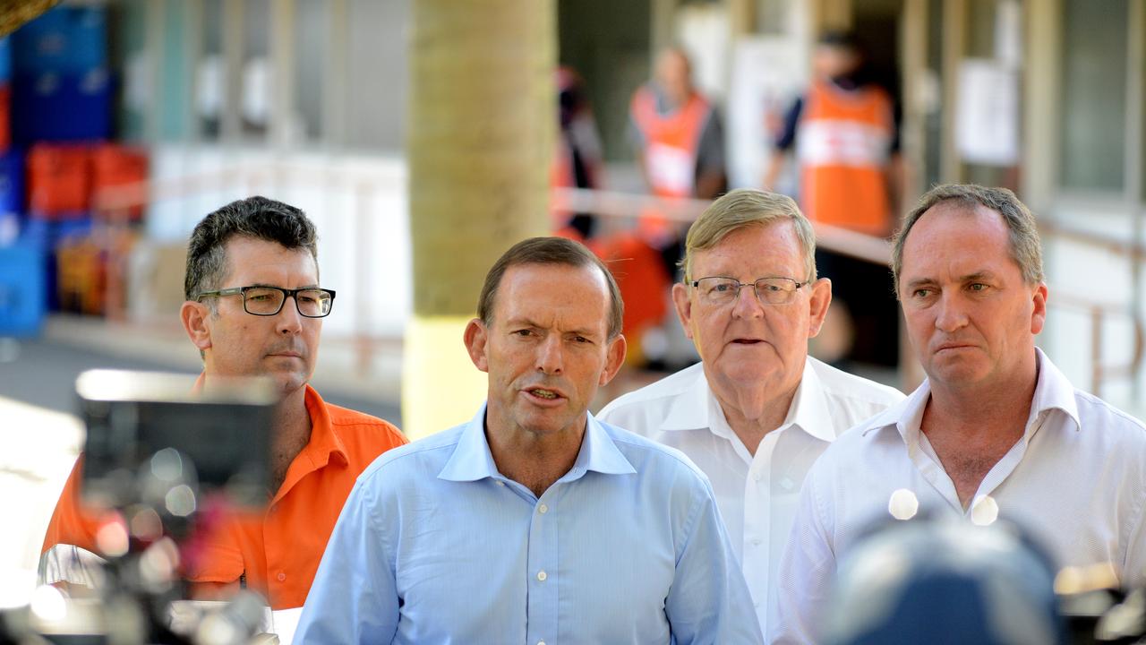 Federal Opposition Leader Tony Abbott talks to media at the Bundaberg Council Chambers, Saturday, Feb. 2, 2013. Mr Abbott was in the flood-ravaged central Queensland town of Bundaberg on Saturday to offer support to residents and help clean up the area. Mr Abbott will support Queensland Premier Campbell Newman's calls for more federal funding to flood proof cities if he wins government. (AAP Image/Paul Beutel) NO ARCHIVING