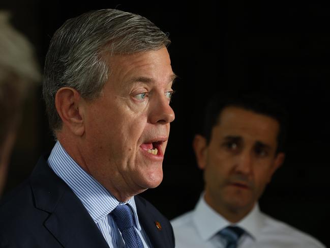 Opposition justice spokesman Tim Nicholls (front) with Opposition Leader David Crisafulli. Picture: David Clark