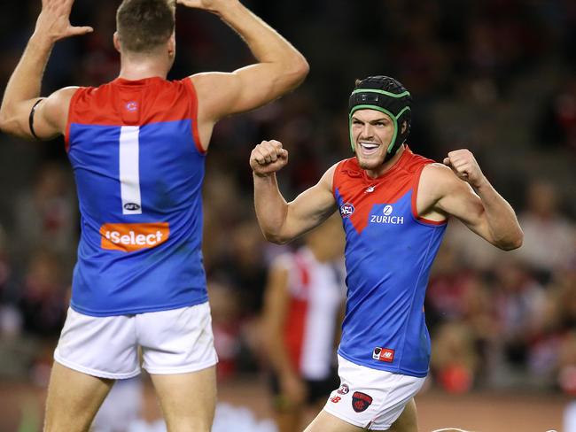 Angus Brayshaw celebrates a goal with teammate Jesse Hogan. Picture: Michael Klein