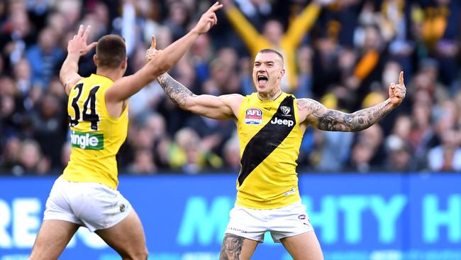 Dustin Martin celebrates a goal with Jack Graham. Picture: Nicole Garmston