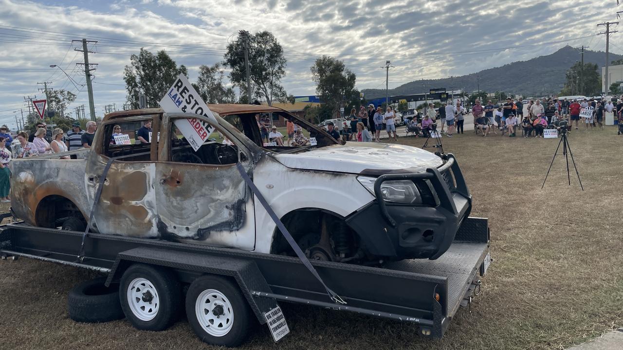 A torched vehicle was put on display at the Townsville Rally Against Crime. Picture: Leighton Smith.