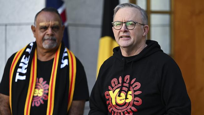 Prime Minister Anthony Albanese with Michael Long after he completed a 650km walk from Melbourne to Canberra in support of the voice to parliament. Picture: NCA NewsWire / Martin Ollman