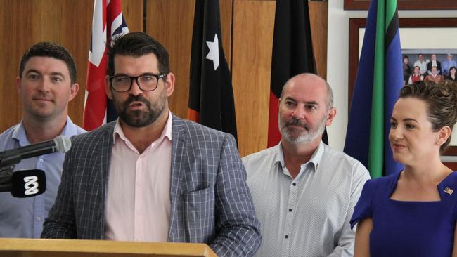 Braitling MLA Josh Burgoyne, Alice Springs Town Council Mayor Matt Paterson, Namatijra MLA BIll Yan, and Chief Minister Lia Finocchiaro. Picture: Gera Kazakov