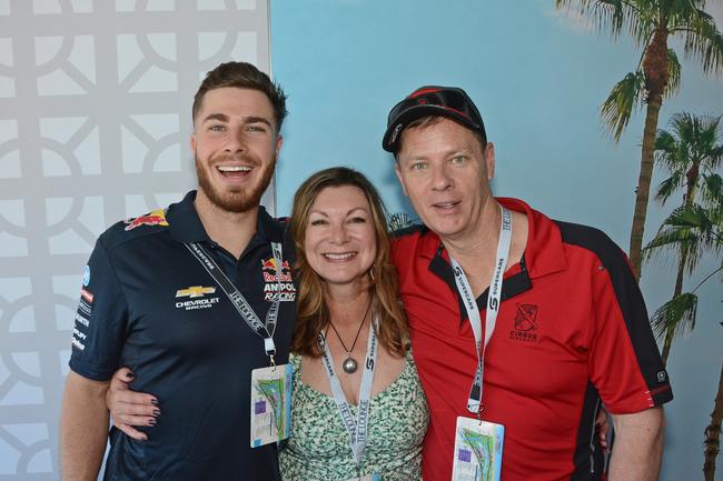 Joel, Leanne and Robert Fuller in The Lounge at GC500 corporate suites, Main Beach. Pic: Regina King