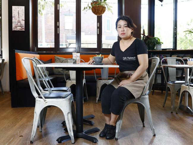 Pictured at her business in Homebush is Virginia Cheong after a Kitchen Nightmares makeover made it renamed the restaurant Cafe Tabouli and moved away from selling coffees and focused more on being a Lebanese restaurant. Picture: Richard Dobson