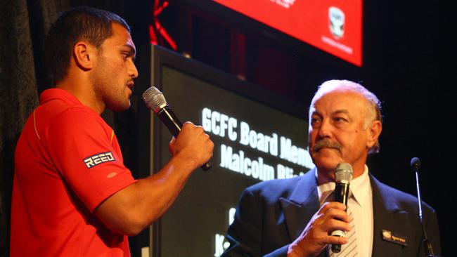 Gold Coast director Malcolm Blight talks to star recruit Karmichael Hunt at the Suns’ launch.