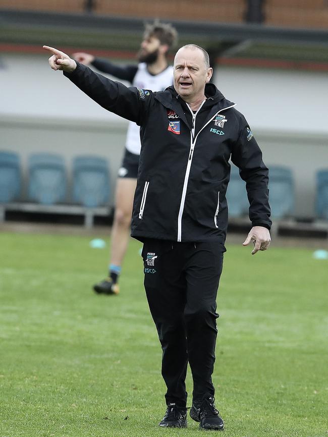 Port Adelaide Ken Hinkley shouts instructions at training. Picture SARAH REED