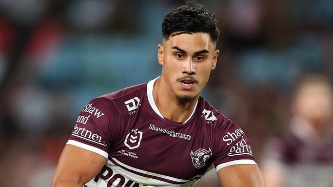 SYDNEY, AUSTRALIA - MARCH 25:  Kaeo Weekes of the Sea Eagles runs with the ball during the round four NRL match between South Sydney Rabbitohs and Manly Sea Eagles at Accor Stadium on March 25, 2023 in Sydney, Australia. (Photo by Mark Metcalfe/Getty Images)