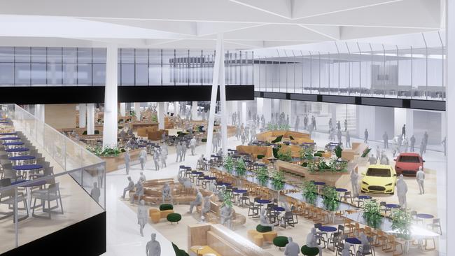 An artist’s impression of a mezzanine overlooking ground floor of T2 retail area.