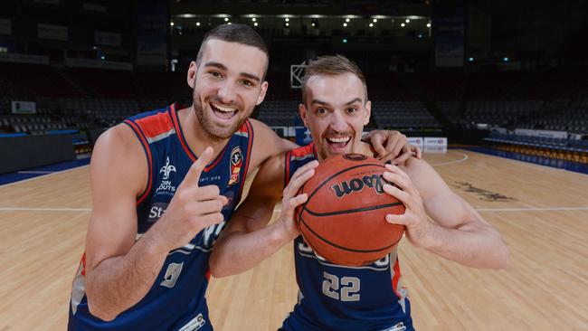 Adelaide 36ers Anthony Drmic and Jack McVeigh. Picture: AAP/Brenton Edwards