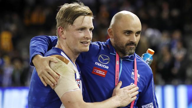 Jack Ziebell with Rhyce Shaw, who had a major impact after taking over the Roos. Picture: AFL Photos