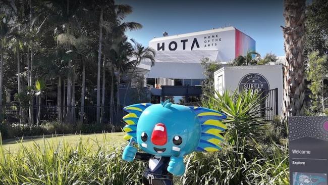 Borobi, the Commonwealth Games mascot, and entrance to HOTA on the Gold Coast.