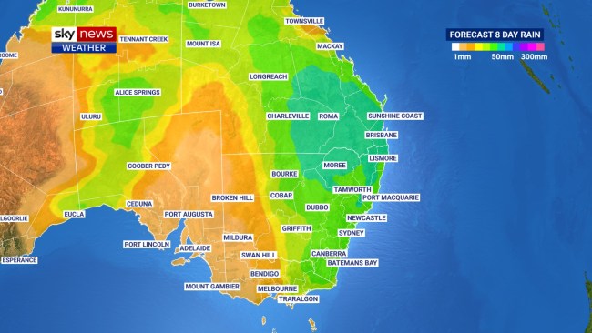 Widespread wet weather is forecast for the coming eight days in eastern Australia, with the greatest potential for rainfall in the drought-affected regions of southeast Queensland and northern NSW. Picture: Sky News Australia